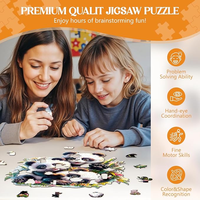 Wooden Puzzles for Adults, Panda Family Wooden Jigsaw Puzzles for Adults Kids, Unique Shaped Wood Puzzles Adult, Creative Birthday Gifts for Friends Family Game(8.5 * 8.3in 100pcs)