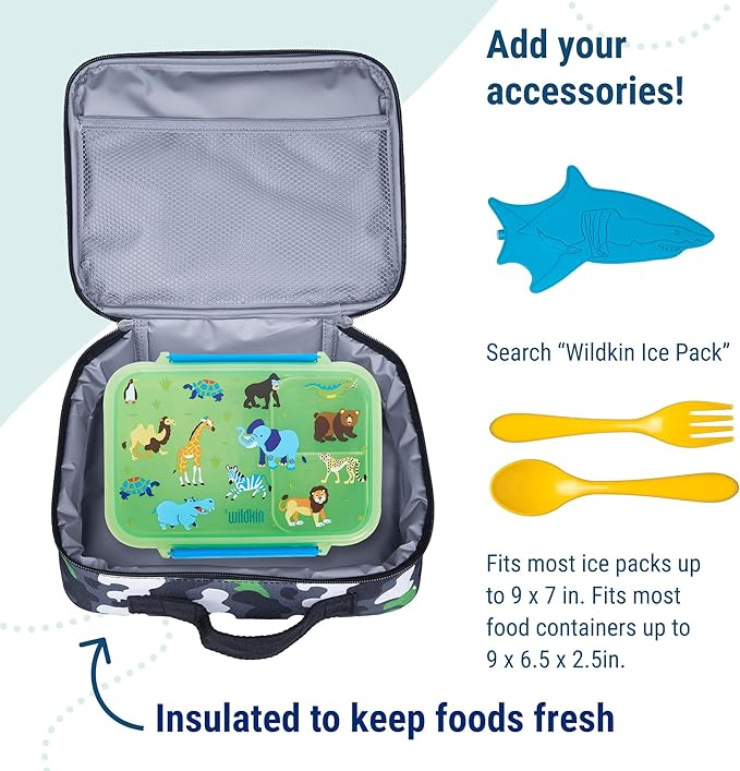 Wildkin Kids Insulated Lunch Box – Durable and Reusable for School & Travel - Green Camo