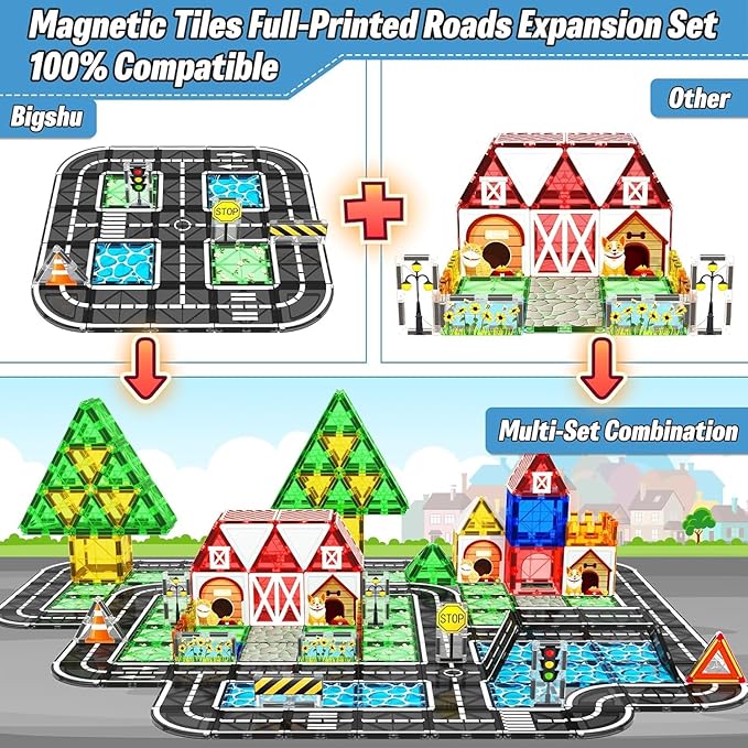 Magnetic Tiles Roads Construction Toys, Traffic Themed Building Blocks Set, Toddler Kids Toys for 3+ Year Old Boys Girls, Montessori STEM Sensory Games, Preschool Learning Educational Birthday Gifts