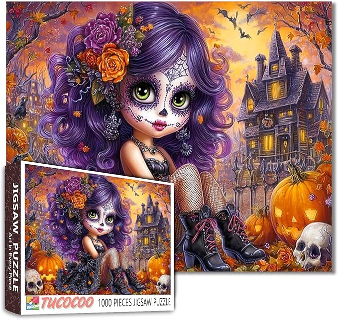 Halloween Gothic Girl Puzzle for Adults 1000 Piece Purple Hair Sugar Skull Day of The Dead Jigsaw Puzzle Spooky Haunted House Puzzle Fall Aesthetic Decorative Puzzles Gift for Women Family Fun Game