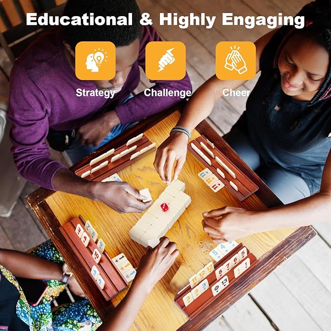 Rummy Cube 6-8 Players with 8 Wooden Racks 214 Large Number Rummy Tiles Travel Size Rummy Cube Game with Case 8 Players Travel Game Set for Fun Family Board Games