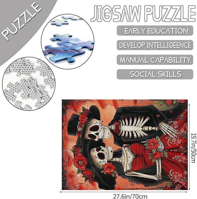 Tucocoo Skeleton Couple Jigsaw Puzzle 1000 Pieces Puzzles for Adults, Day of The Dead Style Flowers Art Puzzles for Challenging Family Activity Games Colorful DIY Craft Puzzle for Home Decor Gifts