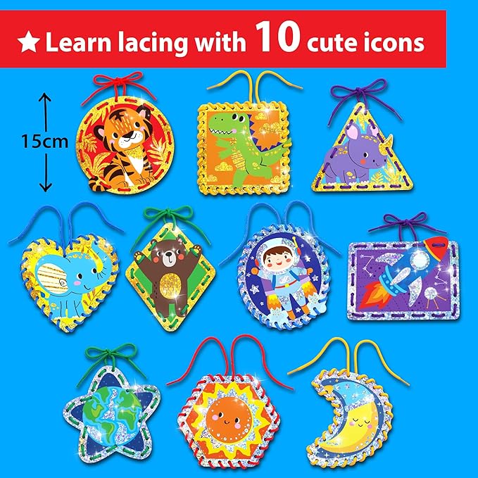EZCRA Lacing Cards for Kids Ages 3-5 - 10 Pcs Animal and Space Theme with Colorful Laces - Craft Kit for Kids DIY Activity Set - Fine Motor Skills Toys and Preschool Learning Activities