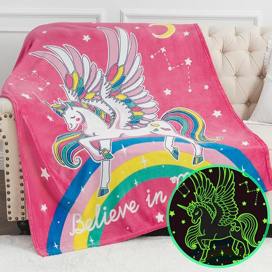 Unicorn Toys Gifts for Girls Kids - Glow in The Dark Unicorns Blanket Best Birthday Christmas Valentines Easter Decor Presents for Age 1-14 Years Old Teens Child Toddler Daughter Soft Throw 50"X60"