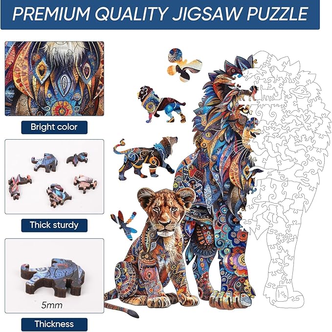 Ruikiyart Wooden Puzzles for Adults, 5MM 200 Pieces Lion Family Wooden Jigsaw Puzzles, Animal Unique Shaped Puzzle Gifts for Adults and Kids on Thanksgiving, Christmas (11.4'' x 13'')