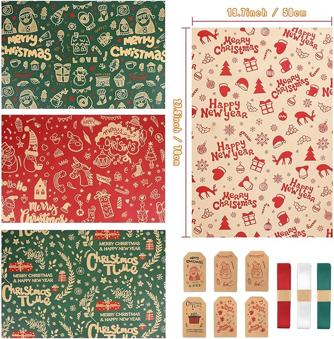 Merry Christmas Wrapping Paper Set, 6 Folded Sheets Green Red Kraft Xmas Wrap, Holiday Deer Trees Santa Snowman Kraft Winter Holiday New Year Gift Wrap for Women, Men, Boys, Girls