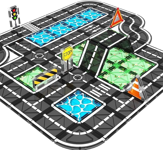 Magnetic Tiles Roads Construction Toys, Traffic Themed Building Blocks Set, Toddler Kids Toys for 3+ Year Old Boys Girls, Montessori STEM Sensory Games, Preschool Learning Educational Birthday Gifts