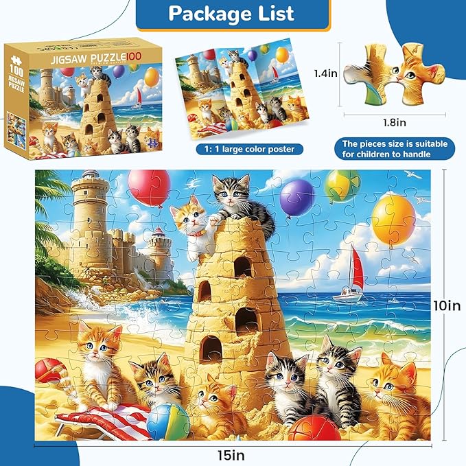 100 Pieces Puzzles for Kids Ages 4-8,Cat Animals Puzzle 100 Large Pieces Puzzle for Kids Teens Ages 4-6 6-8 8-10 Jigsaw Puzzles Educational Toys Birthday Gifts for Girls and Boys
