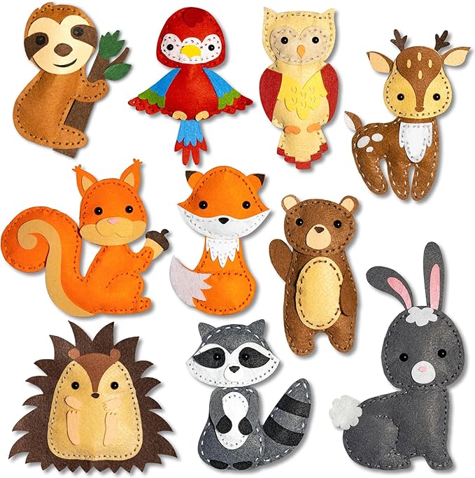 KIDS KING Easy Sewing Kit for Kids, 10 DIY Projects of Stuffed Dolls of Woodland Animals, Pre-Cut Felt: Bear, Deer, Owl, Fox, Rabbit, Arts & Crafts Toys for Beginner Kids Age 6-12
