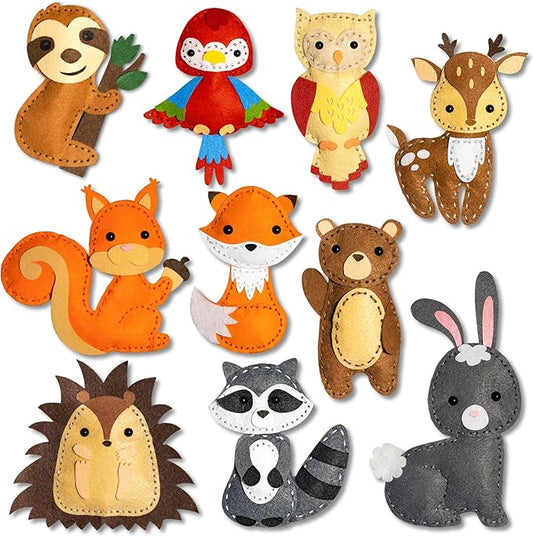KIDS KING Easy Sewing Kit for Kids, 10 DIY Projects of Stuffed Dolls of Woodland Animals, Pre-Cut Felt: Bear, Deer, Owl, Fox, Rabbit, Arts & Crafts Toys for Beginner Kids Age 6-12