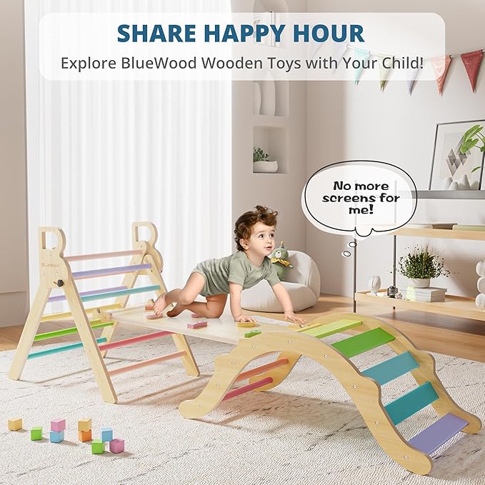 BlueWood Pikler Triangle Set, Toddler Wooden Climbing Toys Indoor 7in1 Foldable Climber for Kids, Montessori Philosophy Play Jungle Gym with Arch, Ramp, Ladder (Colorful Spring)