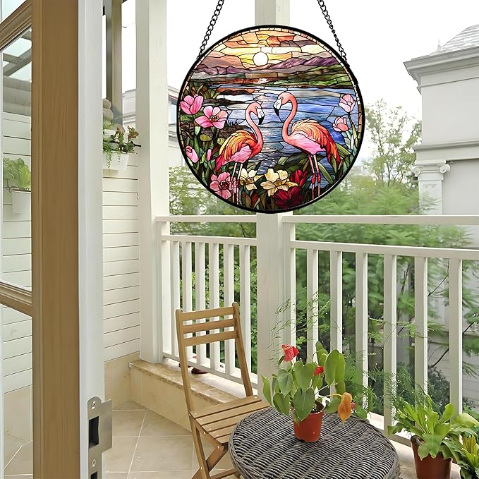 Stained Glass Window Hanging - Flamingo Wildflowers Landscape Suncatcher for Door Terrace Garden Home Decor Sunset Lake Sun Catcher Birthday Gifts for Lovers Women Men Dad Mom Nana 9.8 in