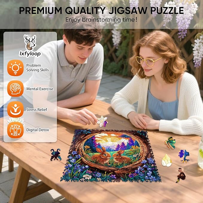 Wooden Puzzles for Adults 500 Pieces, Rabbit Sunrise Jigsaw Puzzles, Unique Design Adult Puzzles for Family Brain Game Gift,15.9x15.7 inch