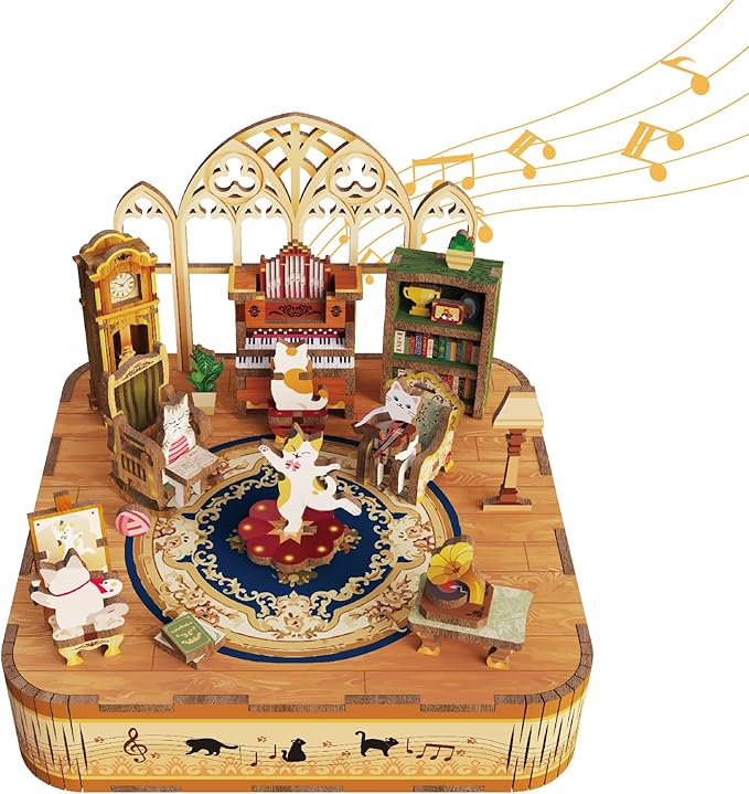 Tonecheer Wooden Music Box Puzzle for Adults,DIY Rotating Music Box Kit 3D Creative Musical Puzzle Crafts Model Building Kits Desk Decor for Teens Kids Birthday Gift (Cats Family)