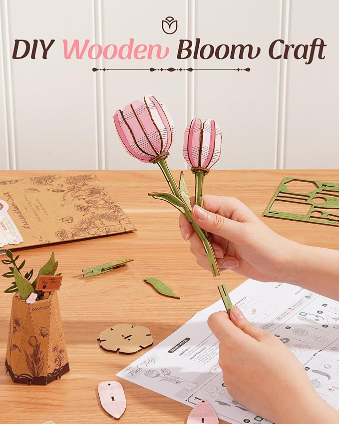 rowood Wooden Flower,3D Puzzles for Adults,Artifical Flower Botanical Collection Building Kit,Mother's Day/Valentine's Day Pink Tulip