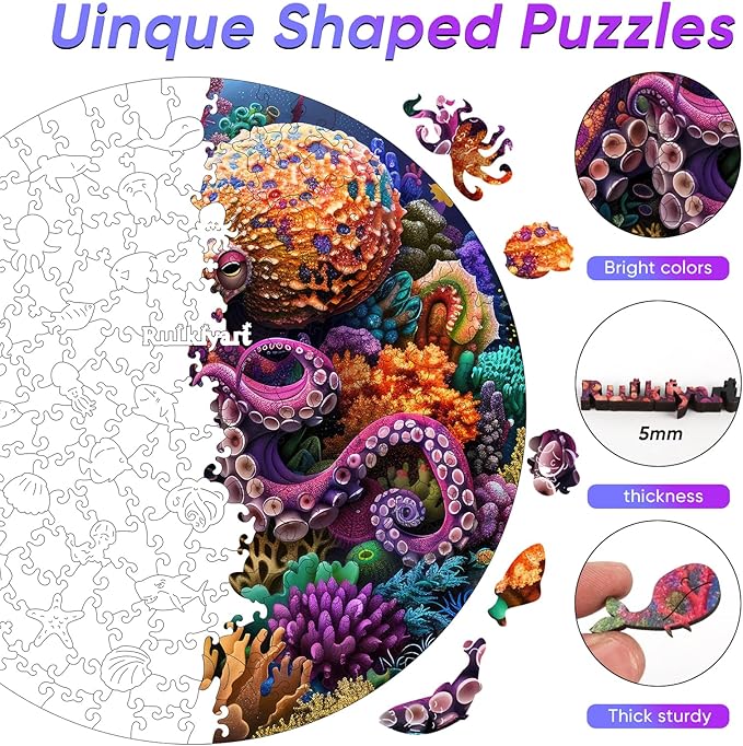 Ruikiyart Wooden Puzzles for Adults, 5MM 200 Pieces Octopus Wooden Jigsaw Puzzles, Sea Animal Puzzle Unique Shaped for Adults and Kids on Thanksgiving, Christmas Family Puzzle Games (11.2'' x 11.2'')