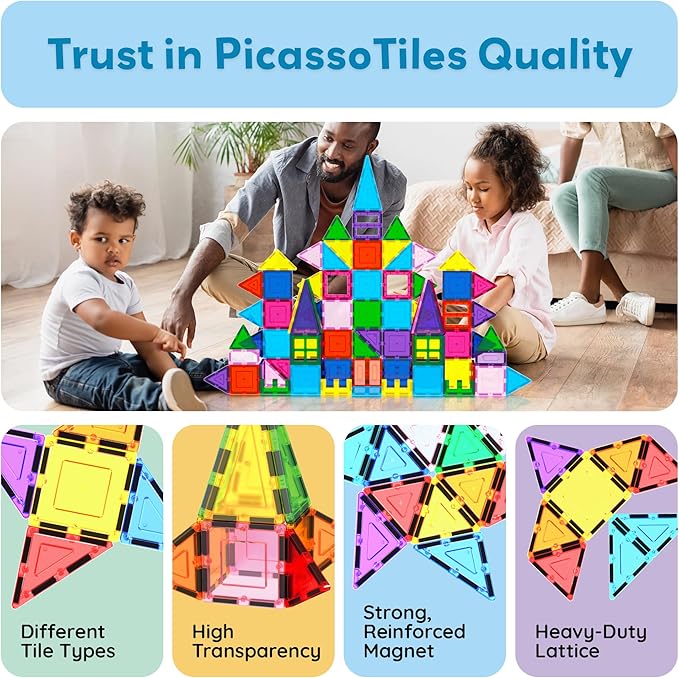 PicassoTiles 101 PCs Magnetic Tiles Building Blocks with Car & Drawstring Carry Bag Toy Storage Magnet Block for Toddlers Kids STEM Toy Set Educational Tile Learning Brain Development Ages 3+ PC101