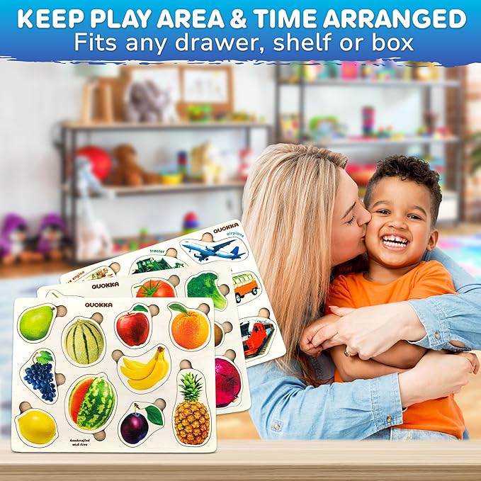 QUOKKA Wooden Puzzles for Toddlers 1-3 – 3xSET Kids Puzzles Ages 2-4 – Montessori Toy Puzzle for Toddlers 3-5 – Wood Toy Learning Realistic Fruits - Cars - Vegetables for Boy and Girl