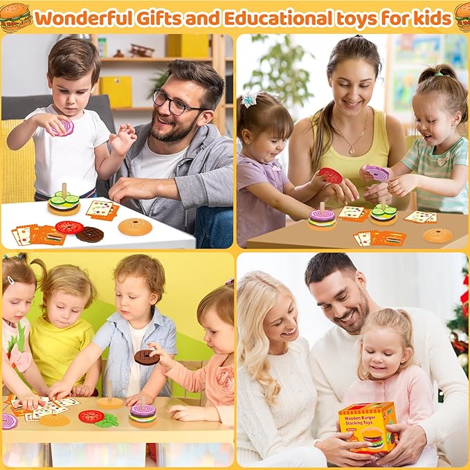 Jumlys Montessori Wooden Burger Stacking Toys for 2, 3, 4, 5 Year Olds, Fine Motor Toys for Kids Boys Girls, Ideal Preschool Educational and Learning Toys, Perfect Christmas Birthday Gifts