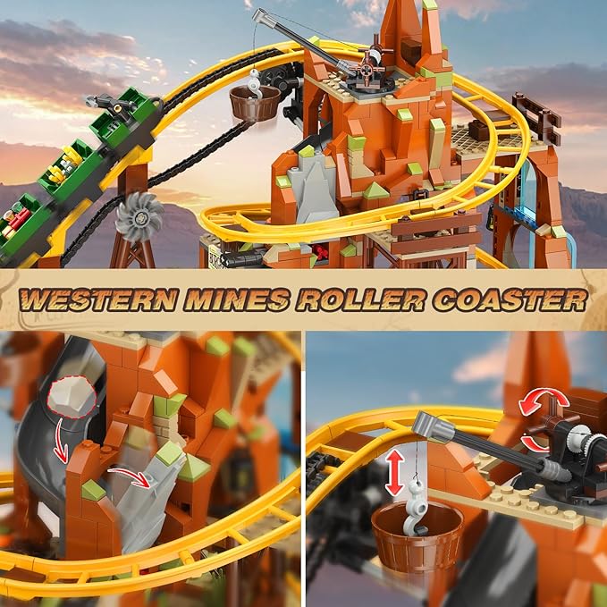 Western Roller Coaster Building Set, Rollercoaster Building Toy with Mine Train, Lifting Chain Drive, Carriage, 1270PCS Mining Coaster Model Playset Gift for Adults Teens Kids Boys Girls 10-12+