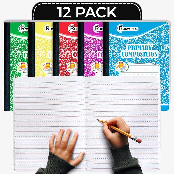 12 Pack Primary Composition Notebooks, 200 Pages (100 Sheets), Primary Ruled Composition Notebook for Kids, 9-3/4" x 7-1/2", Grades K-2, Writing Dotted Lined, Assorted, Colors May Repeat