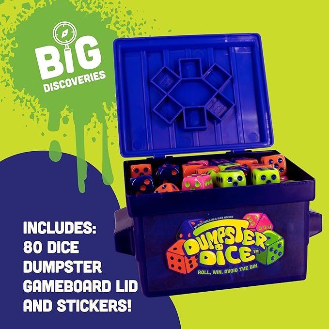 Big Discoveries Dumpster Dice - Fast-Paced Family Dice Game | Fun 4-Player Board and Dice Game with Dumpster, 80 Dice, and Graffiti Stickers | Perfect for Travel, Parties, and Game Night