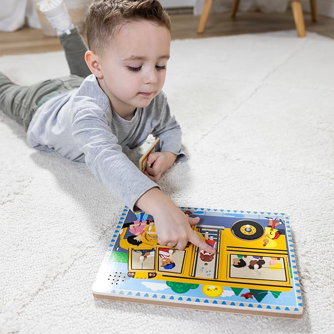Melissa & Doug The Wheels on The Bus Song Puzzle – 8-Piece Wooden Peg Puzzle with Light-Activated Sounds, Music Learning Toy for Toddlers and Preschoolers Ages 2+