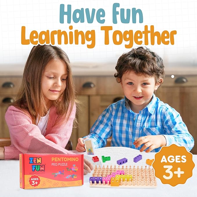 Zen Fun Montessori Animal Block Puzzle for Spatial Intelligence, Montessori Puzzle for Kids 4+, Wooden peg Puzzles Pentomino Peg Puzzle with 60 Different Design Cards to Recreate!