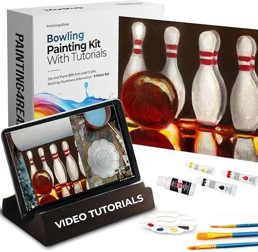 Painting4Real DIY Painting Class Kit for Adults with Video Tutorials: Learn to Paint Bowling – How to Paint with Acrylics – Painting & Art Supplies – 9 Piece Acrylic Paint Set