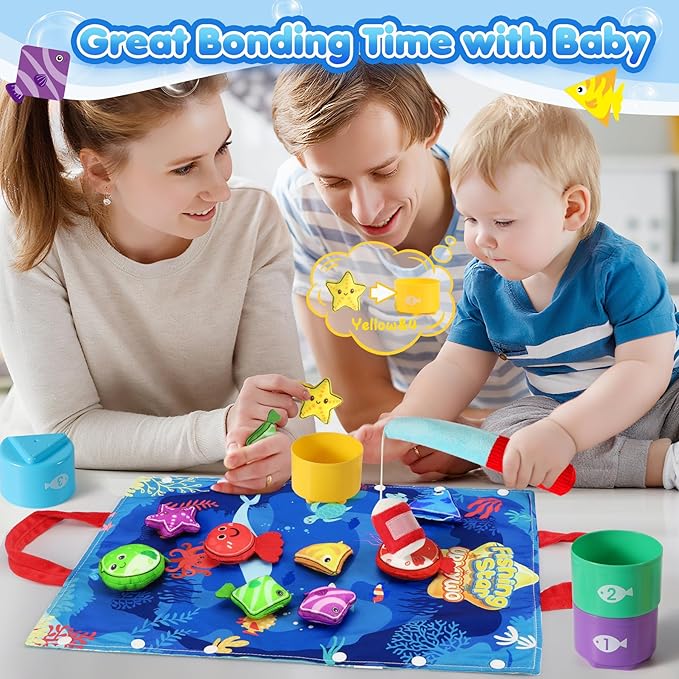 Montessori Toys for 1 Year Old - 17 in 1 Cloth Toddler Fishing Game with Stacking Cups Color Sorting, Baby Toy 12-18 Months One Year Old Boy Birthday Gift, Toddler Toys for 1 2 Year Old Boy Girl Gifts