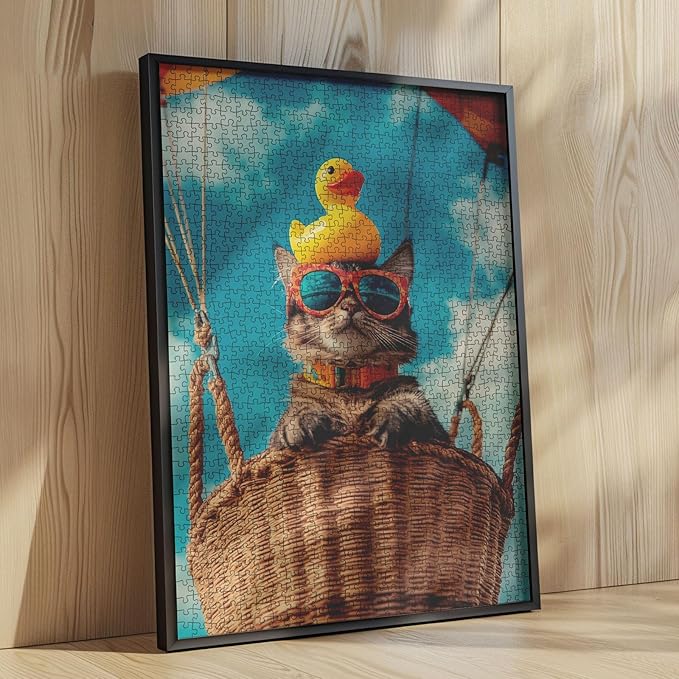 Cute Cat Wearing Colorful Lenses Jigsaw Puzzle 1000 Pieces for Adults, Skydiving in The Air Art Puzzles Colorful DIY Crafts Puzzles for Home Decor Gifts, Family Challenging Perfect for Game Nights