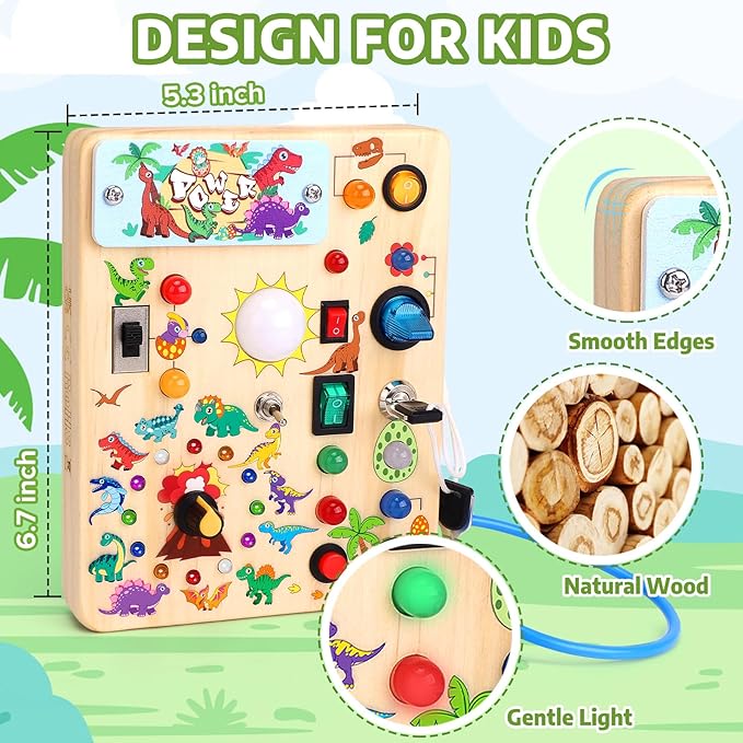 Toddler Busy Board,Montessori Toys for 1-3 Years Old,Baby Sensory Board,Wooden Learning Toys,Christmas & Birthday Gift for Boys & Girls (Dinosaur Busy Board v2)