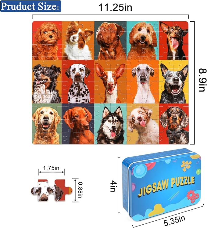 LELEMON Puzzles for Kids Ages 4-8,100 Pieces Funny Dog Jigsaw Puzzles in a Metal Box,Puppy Animal Puzzle for Children,Learning Educational Toys for Boys and Girls