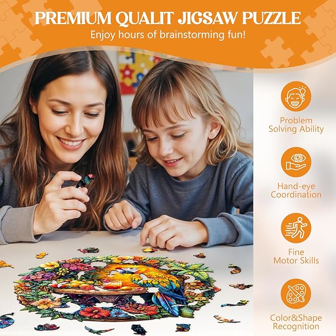 Wooden Puzzles for Adults, Wooden Jigsaw Puzzles for Adults Kids, The Parrot's Tea-2 Unique Shaped Wood Puzzles Adult, Creative Birthday Gifts for Friends Family Game (11.4 * 11.3in 200pcs)