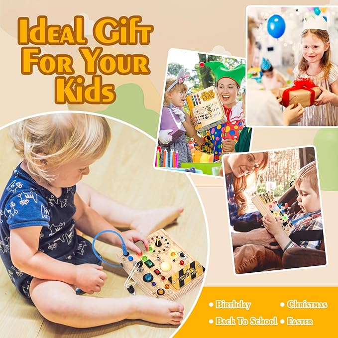 Montessori Toys Clock Wooden Busy Board with 11 LED Light switches, Tooddler Sensory Travel Toys for 1+ Year Old Baby and Toddler