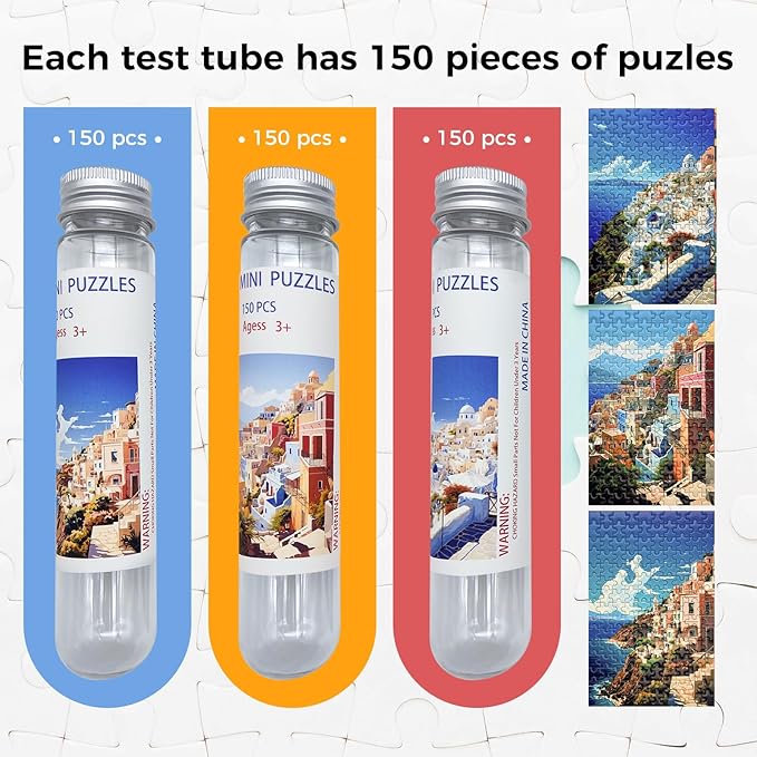 150 Pieces Mini Jigsaw Puzzles for Adults & Kids,6 x 4 Inches,Mini Puzzles,Travel Puzzle,Small Micro Puzzles,Challenging Difficult Puzzle,3 Pack Aegean Sea Santorini