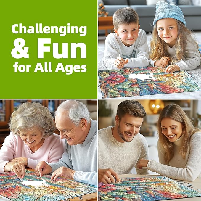 Blueforest Cactus 1000 Piece Puzzle for Adults - Mosaic-Style Desert Therapy Jigsaw Puzzle, Vibrant Succulent Wall Decor & Premium Gift Set (27.5"x19.7")