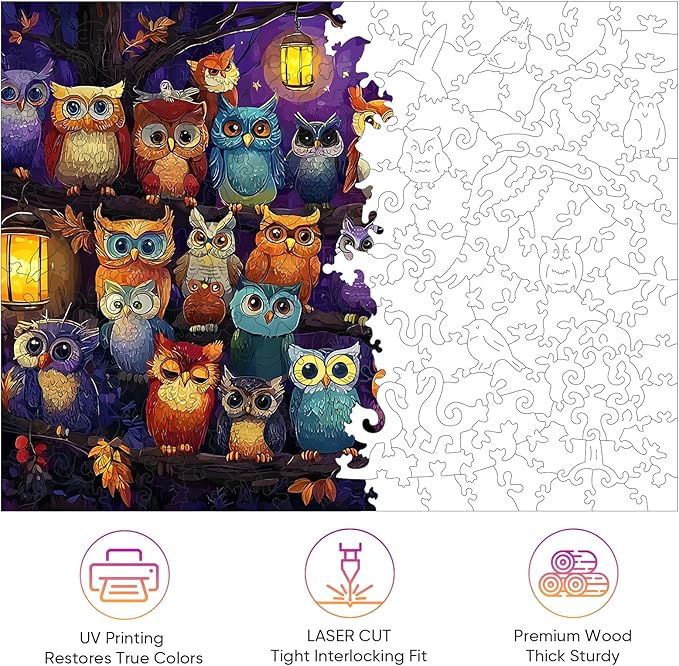 Wooden Puzzles for Adults, Halloween Owl Family Puzzles 500 Pieces, Unique Shaped Jigsaw Puzzles for Adults and Kids, Fun Challenge Family Game 18.9'' x 14.2''