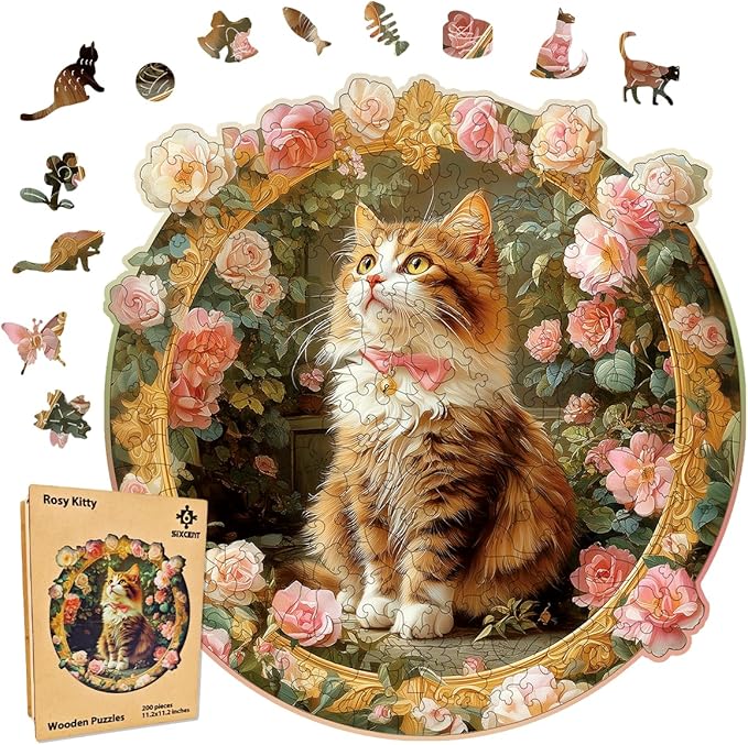 Wooden Jigsaw Puzzle, 200-500 Pieces Unique Shape Animal Puzzle, for Adults & Kids, Birthday Gift Family Game, Decorative Puzzle, Unique Gift (Rosy Kitty, 300 PCS)