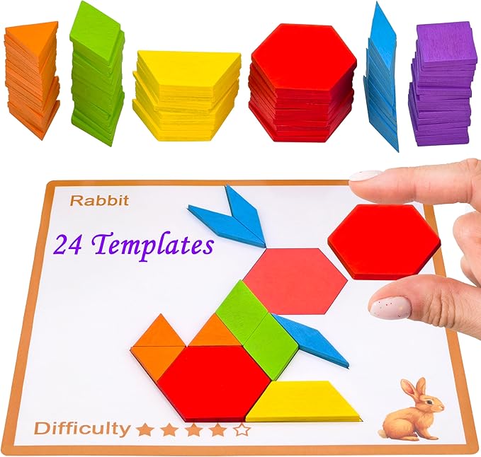 Dementia Activities for Patients, 80 Pieces Wooden Tangrams Cognitive Game for Seniors, Colorful Shape Pattern Alzheimers Products for Elderly, Easy Tile Matching Memory Puzzle Board Gifts