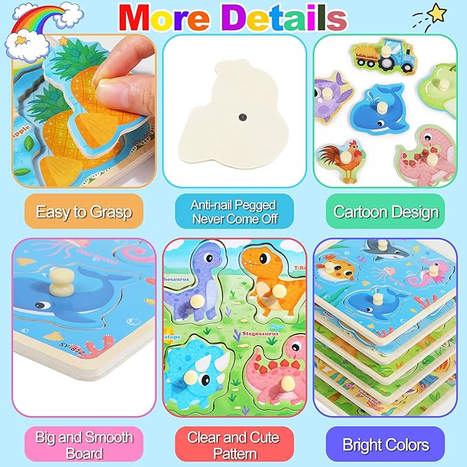 6PCS Wooden Toddler Puzzles, Montessori Toys Peg Puzzles for 3-5 Kid, Toddler Learning Educational Toys Kids Puzzle -Dinosaur, Farm, Farm Animals, Sea Animals, Fruit, Baby Puzzle Gift for Boys Girls