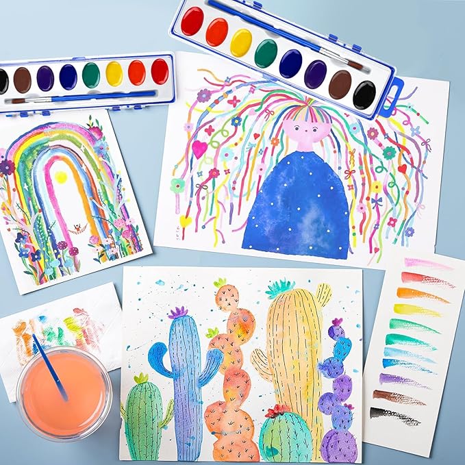 FUMILE Watercolors Paint Set Bulk,48 Pack 8 Washable Bright Colors with Paintbrush.Watercolors Paint Set Kids for Parties,Art Lessons,Birthday Party Favor,Back to school,All Ages.