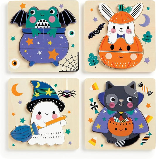 Mudpuppy Spooky Friends – Set of 4 Wooden 4 Piece Puzzles Featuring A Colorful Halloween Scene with Adorable Characters Perfect for Toddlers, Montessori Toys for 1-3+, FSC Certified