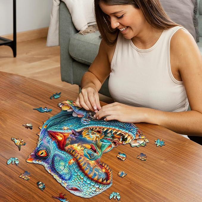 Wooden Jigsaw Puzzles, Fantasy Dinosaurs Wooden Puzzles for Adults with Unique Shape, Adult Jigsaw Puzzle, Birthday Gifts for Adults, 8.5"x8.2"-90pcs
