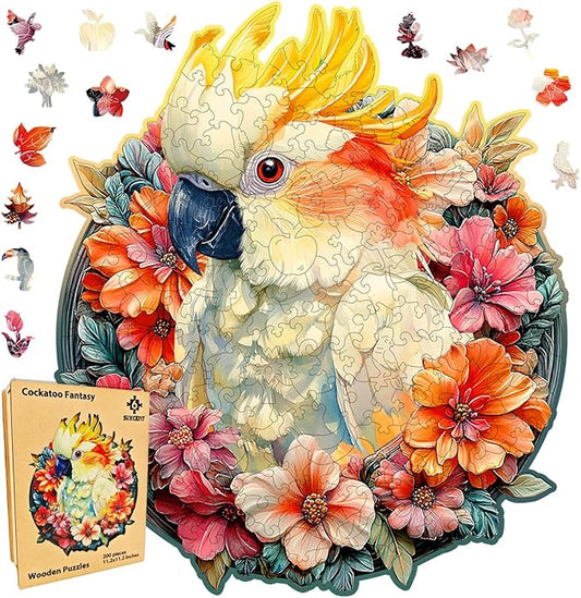 Wooden Jigsaw Puzzle, 200-500 Pieces Unique Shape Animal Puzzle, for Adults & Kids, Birthday Gift Family Game, Decorative Puzzle, Unique Gift (Cockatoo Fantacy, 200 PCS)