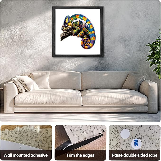 Wooden Puzzles,Chameleon Jigsaw Puzzles,300 Pieces Colorful Animal Puzzle,Birthday Gift Family Game 14.9 x 14.9 Inch,Unique Shaped Wooden Puzzle for Adults
