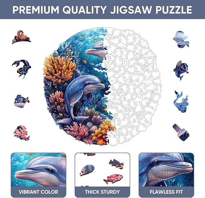 Wooden Puzzles for Adults, Dolphins World Jigsaw Puzzles 200 Pieces Unique Shape Adult Puzzles, Irregular Wood Puzzles Creative Gift for Adults Family Game(11.2 x 11.2 in)