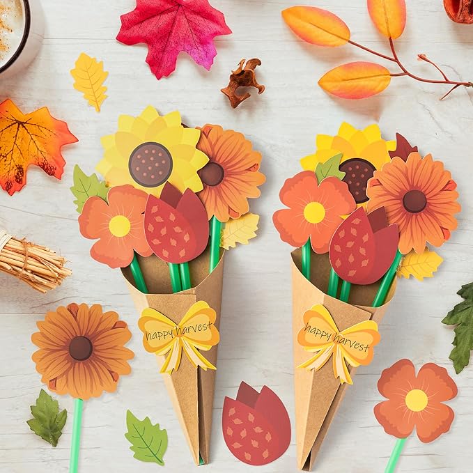 BeYumi Flower Bouquet Craft Kit - 72Pcs Fall Flower Bouquet Craft for Kids Make Your Own Thankful Fall Florals Kit Autumn Thanksgiving Appreciation DIY Gift Set School Classroom Home Fun Activities