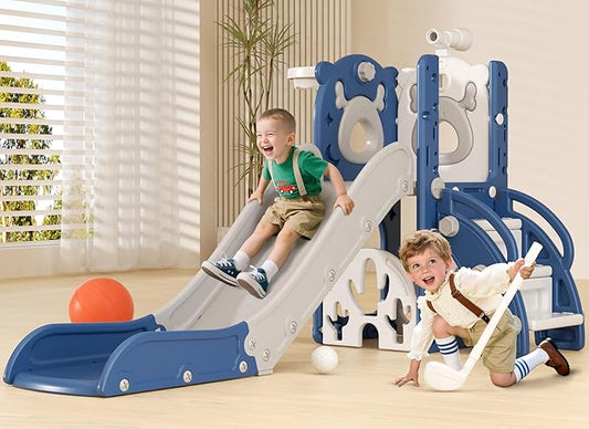 XJD 7 in 1 Toddler Slide, Kids Indoor Slide for Toddlers 12 to 36 Months, New Upgrade with Golf, Basketball Hoop for Indoor Outdoor Playset,Toddler Playground (Blue Gley)