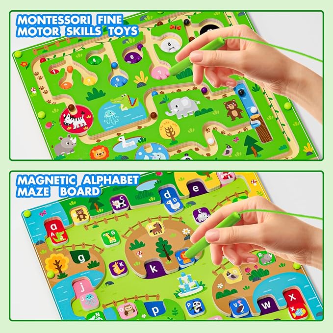 2 in 1 Magnetic Color and Number Maze Magnet Alphabet Counting Double Sided Board Wood Puzzle Fine Motor Skills Montessori Preschool Toys Gifts for Boys and Girls 3-5 Age (Big Zoo, One Size)